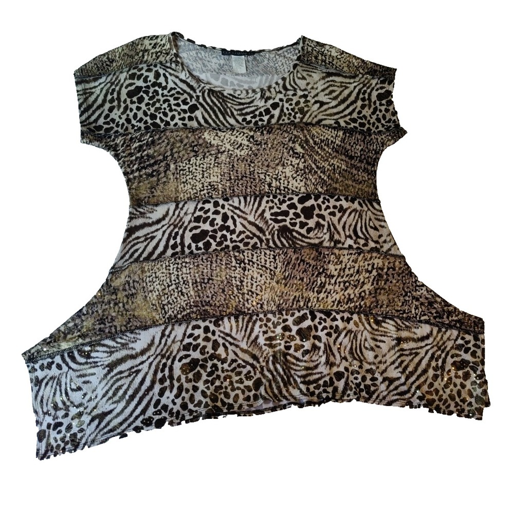 Vtg Coco Bianco Mixed Animal Print Top Y2K Metallic Gold USA S Mob Wife Tiered